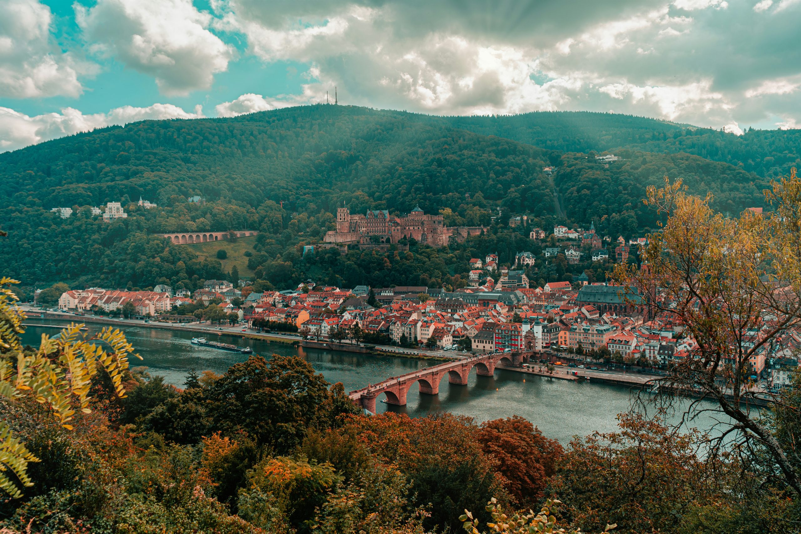 Blick auf Heidelberg mit Heidelberger Schloss und Neckar